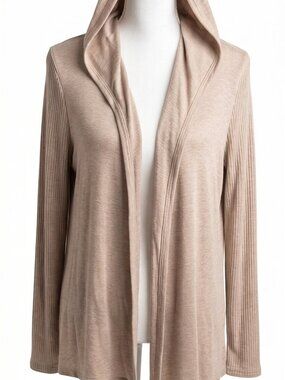 Renuar Open Front Hooded Ribbed Cardigan Tan Taupe-Size Large L